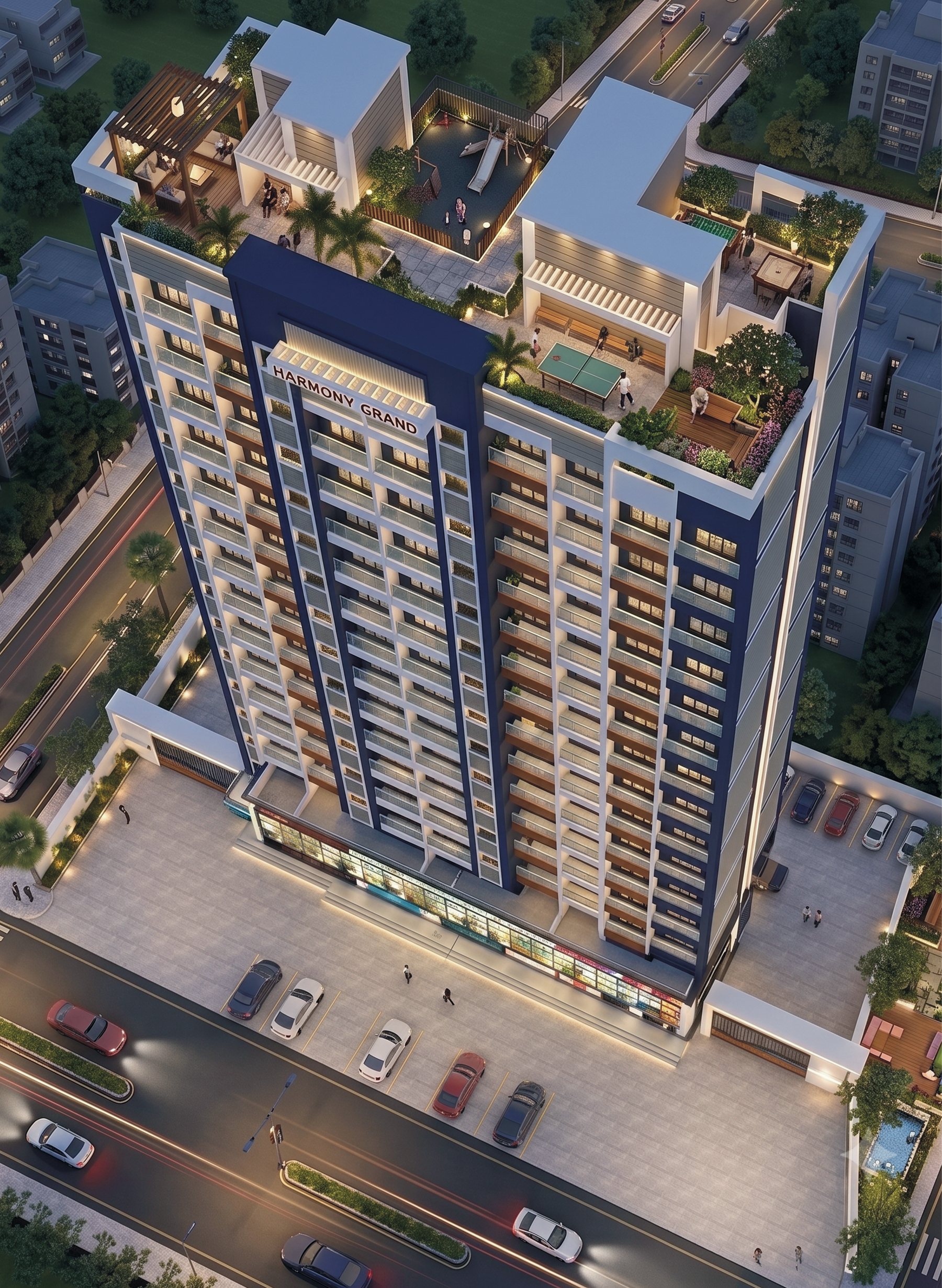 Aerial view of Harmony Grand at dusk